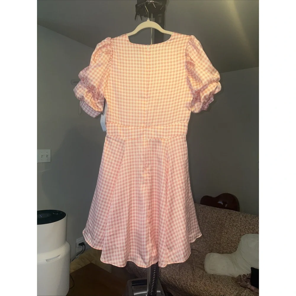 1. State Dress Small Puff Sleeve V Neck Mini Dress Pink Gingham Baby Doll Dress - Picture 7 of 7